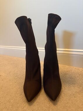 Fashion Nova Dark Brown Pointed Sock Heel Boots